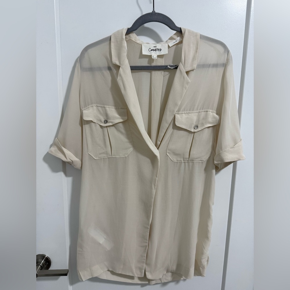 Mango Committed Beige Button Down‎ Lyocell Blend Blouse Size S